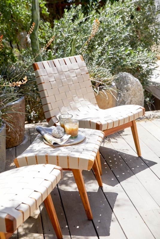 Outdoor Lounge Set Woven Straps Honey Wood Mid Century Outdoor Ottoman