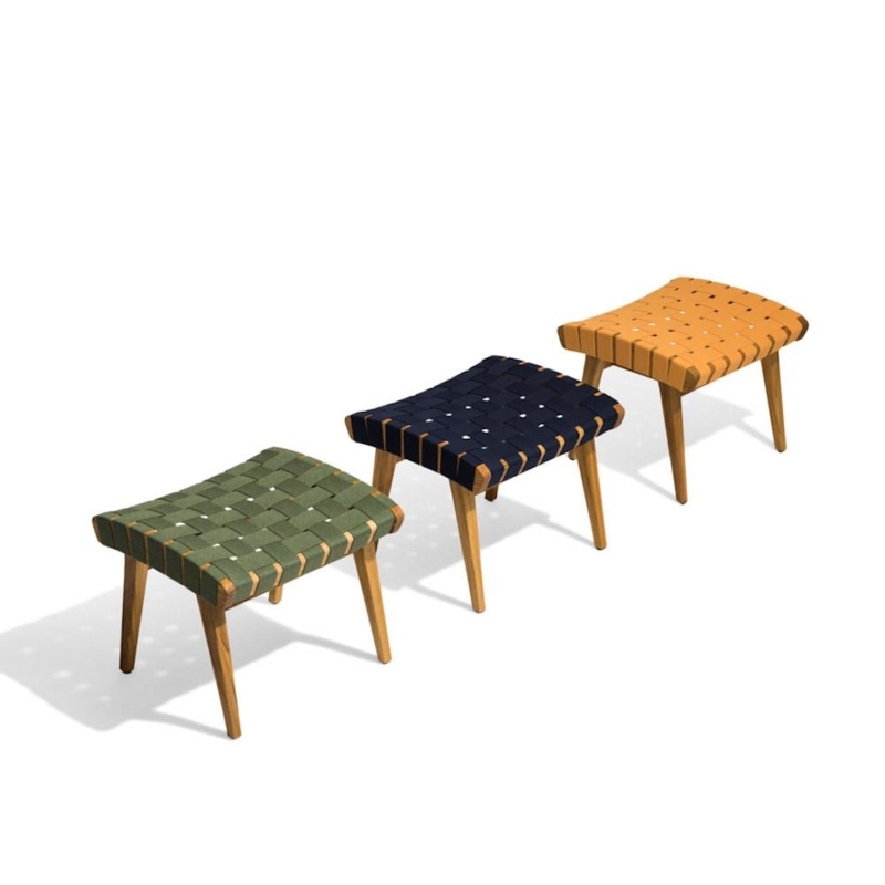 Outdoor Ottoman Basketweave Seat Tapered Legs Mid Century Patio Stool
