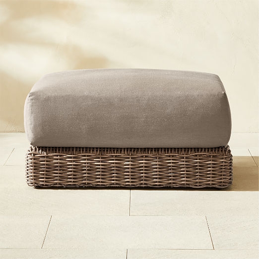 Outdoor Ottoman Grey Fabric Cushion Low Profile Woven Rattan Base