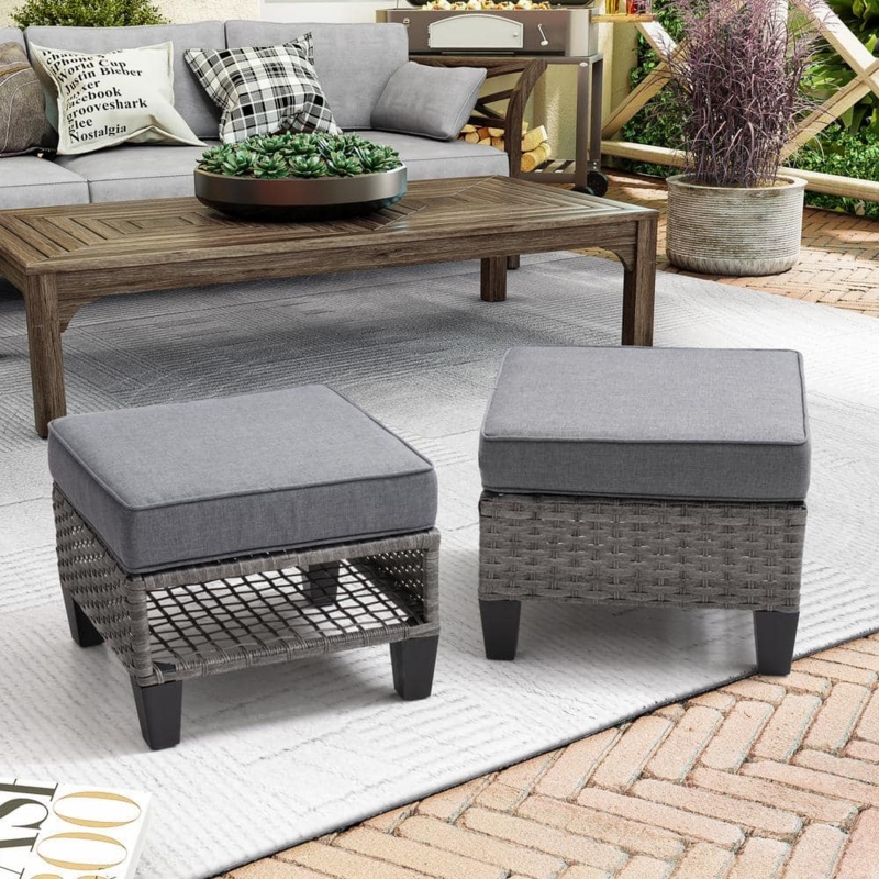 Outdoor Ottoman Open Shelf Storage Gray Piped Cushion Modern Farmhouse