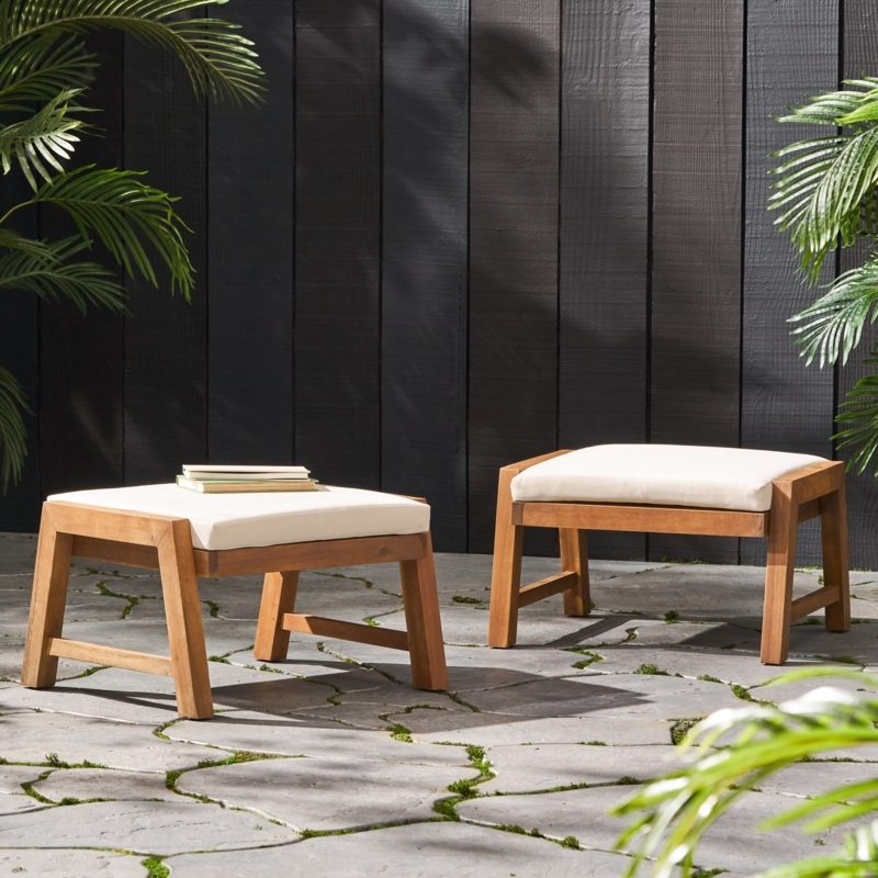 Outdoor Ottoman Set Acacia Wood Angled Legs Mid Century Modern
