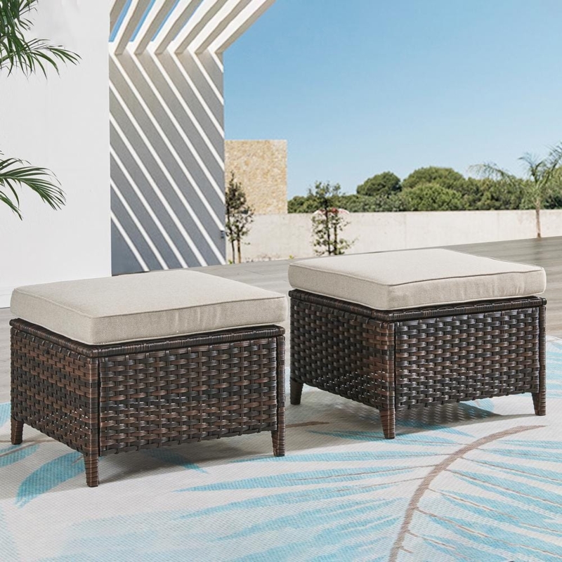 Outdoor Ottoman Set Two Piece Set Espresso Wicker Patio Footstool 2-Pack