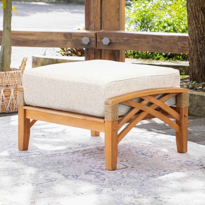Outdoor Ottoman Teak Wood X Cross Base Rope Accent Garden Stool