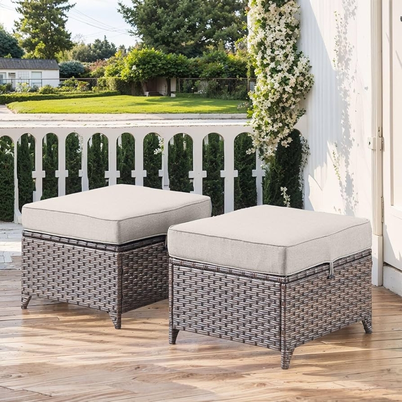 Outdoor Ottoman Woven Rattan Base Beige Cushion Patio Footstool