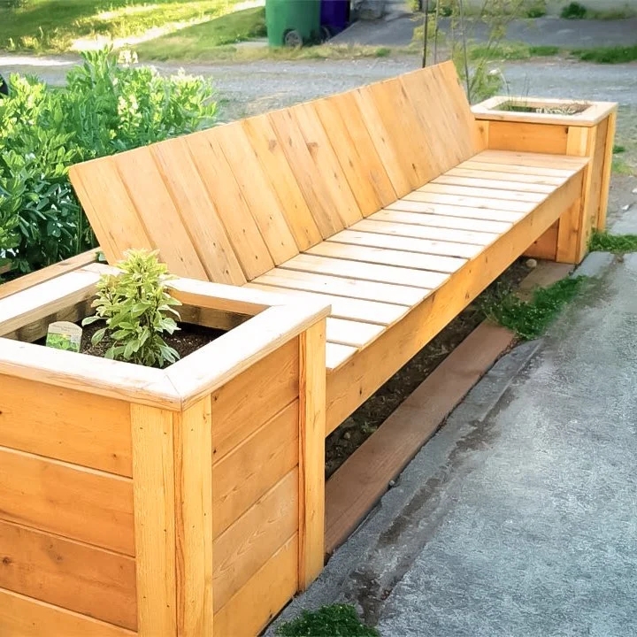 Outdoor Planter Bench Angled Backrest Honey Wood Slatted Seat