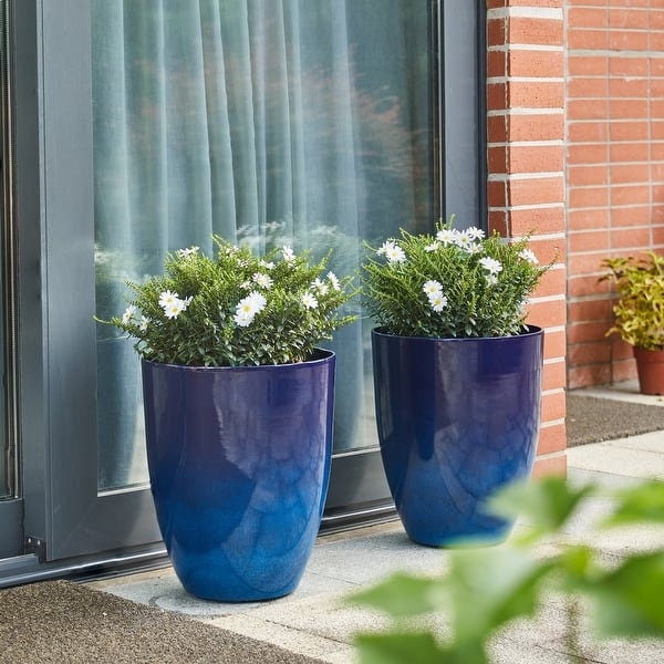 Outdoor Planter Ombre Blue Glossy Faux Ceramic Set of 2 Pots