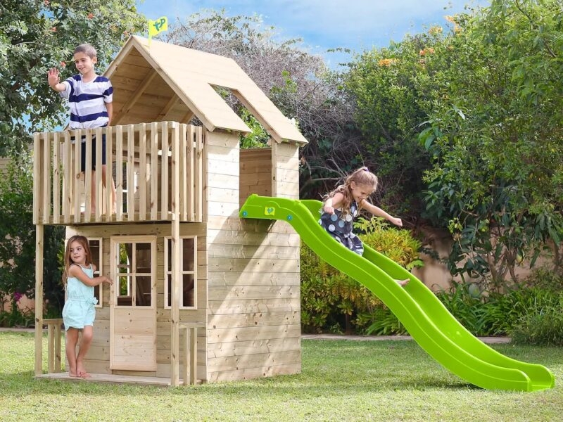 Outdoor Playhouse Two-Story Tower with Wavy Slide & Roof Cutout Detail