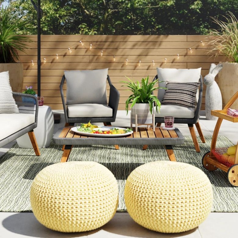 Outdoor Pouf Chunky Knit Texture Pale Yellow Round Boho Chic