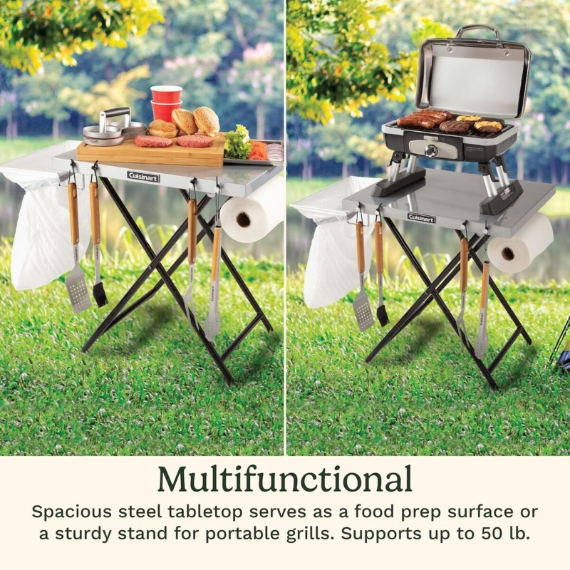 Outdoor Prep Table, Steel Top Grill Stand, Integrated Accessories