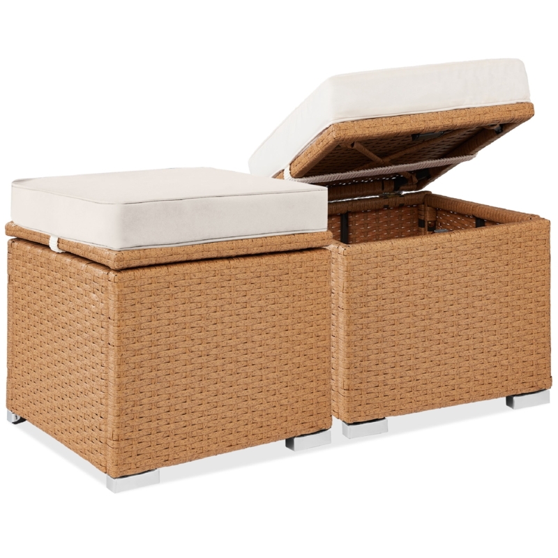 Outdoor Rattan Storage Ottomans Basketweave Ivory Cushions