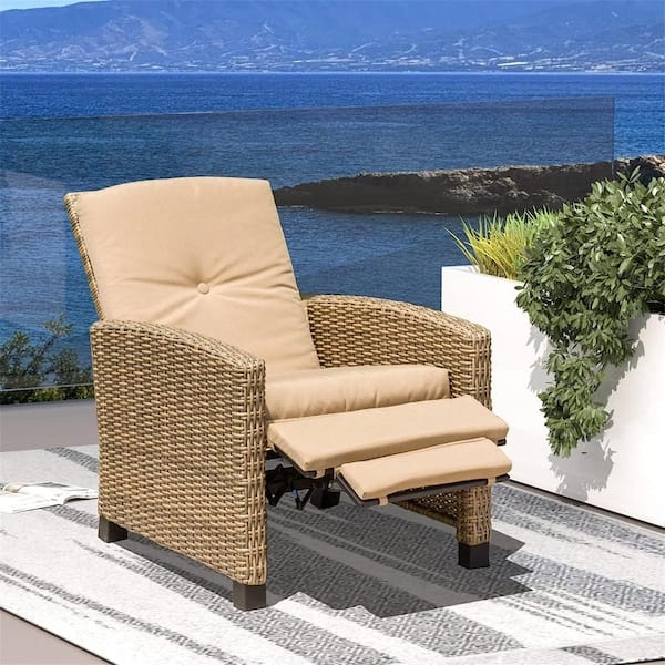 Outdoor Recliner Pop Out Footrest Khaki, Woven Wicker Patio Recliner