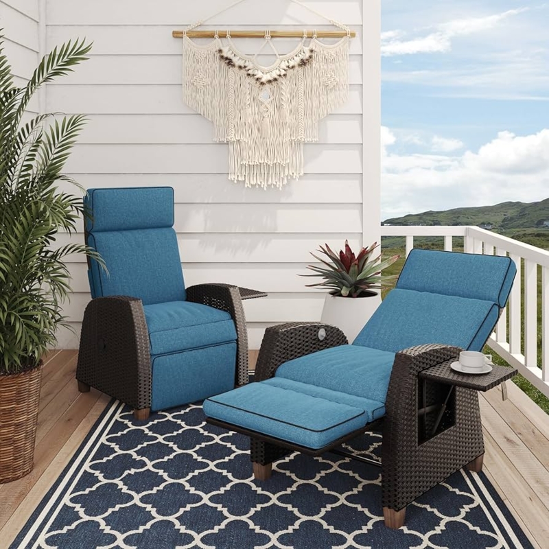 Outdoor Recliner Set in Peacock Blue Upholstery with Flip Side Tables