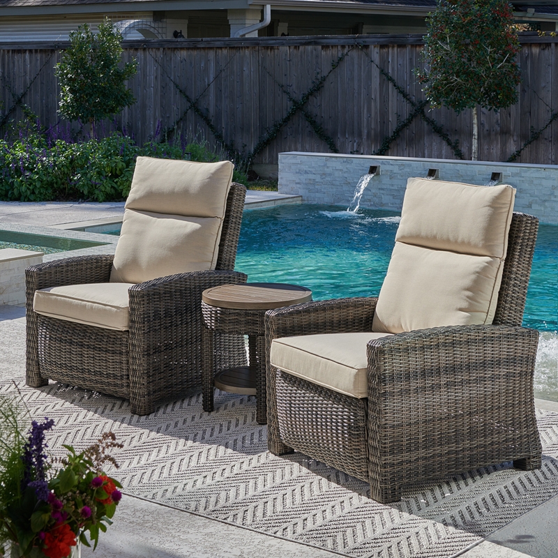 Outdoor Recliner Set in Silver Oak Wicker with Castle Ash Cushions