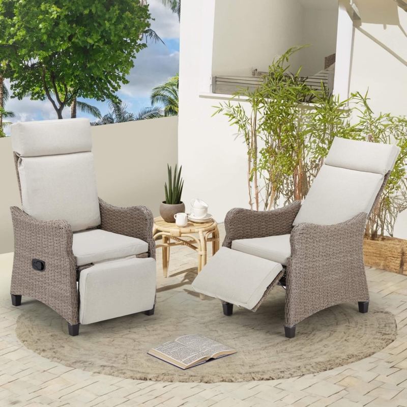Outdoor Recliner Set in Woven Rattan, Taupe Brown, Integrated Footrest
