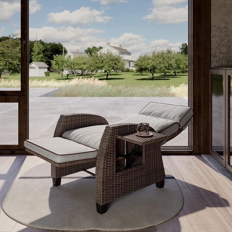 Outdoor Recliner Set with Lay Flat Back, Griege Wicker, Flip-Up Table