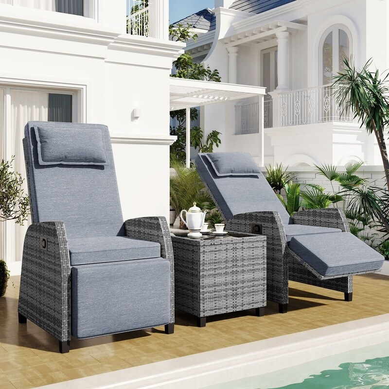 Outdoor Recliner Set with Matching Woven Table, Gray Rattan Recliner Set