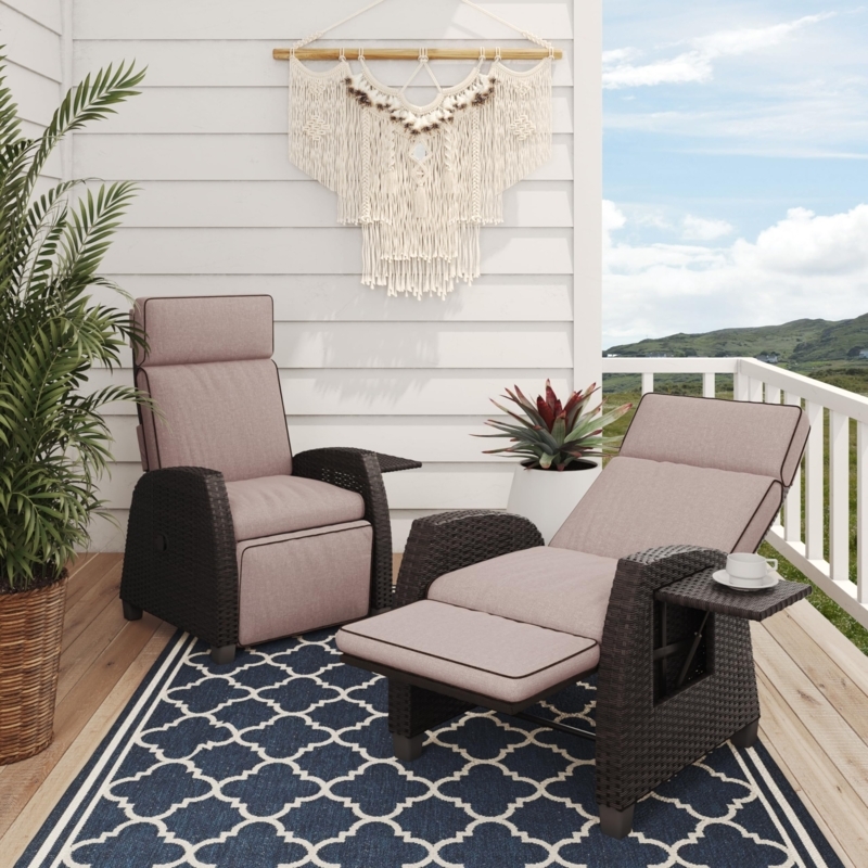 Outdoor Recliner Set with Mauve Upholstery, Espresso Wicker, Side Trays