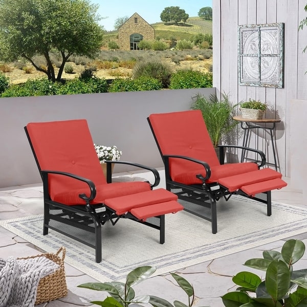 Outdoor Recliner Set with Retractable Footrest, Matte Black Metal Frame