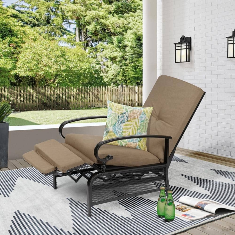 Outdoor Recliner with Mesh Base, Matte Black Metal, Adjustable Backrest