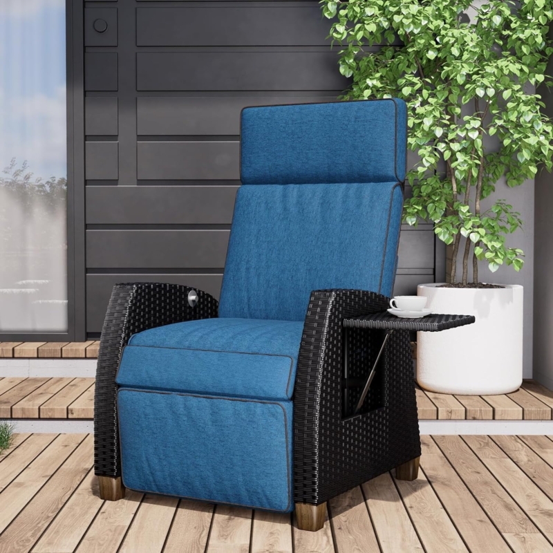 Outdoor Recliner with PE Wicker Frame, Integrated Side Tray, Lay Flat