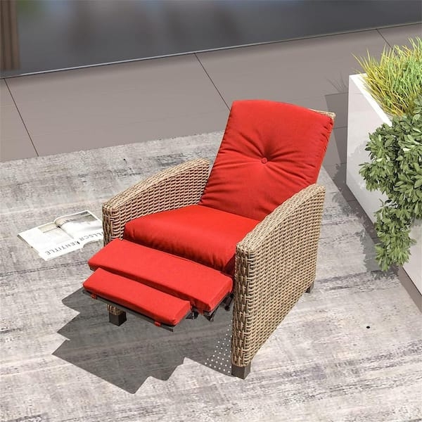 Outdoor Recliner with Poppy Red Cushions and Woven Wicker Footrest