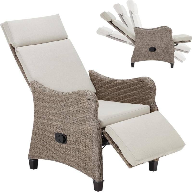 Outdoor Recliner with Segmented Backrest, Driftwood Brown Rattan, Warm Beige
