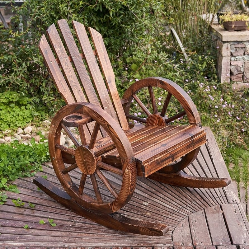 Outdoor Rocker: Rustic Wagon Wheel Sides, Cup Holder, Slatted Back