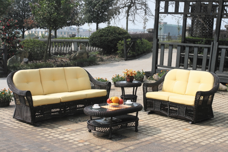 Outdoor Seating Set featuring Dark Woven Wicker and Pale Yellow Upholstery
