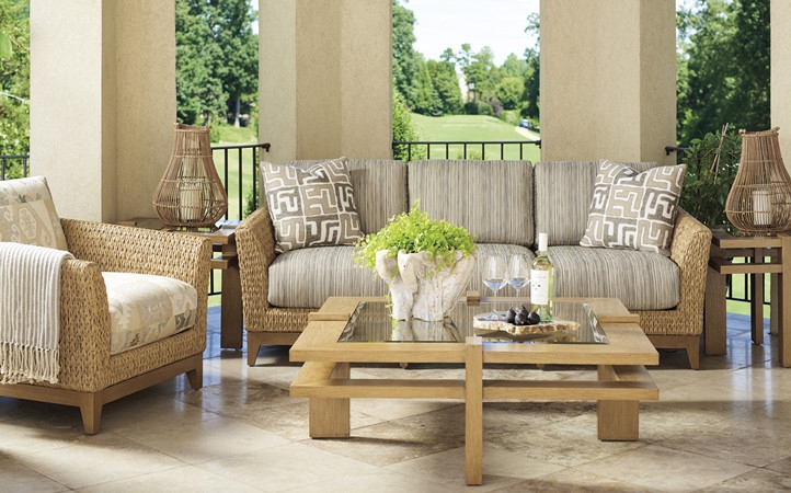 Outdoor Seating Set: Woven Rattan, Striped Upholstery, Wood Table