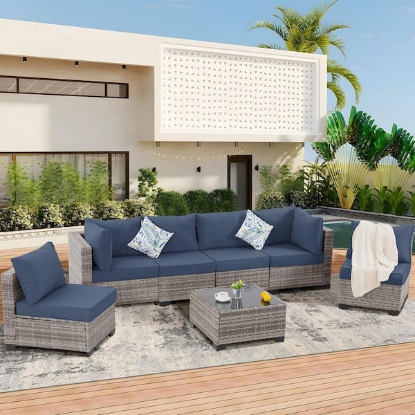 Outdoor Sectional Modular Rattan Weave Navy Blue Cushions Glass Top