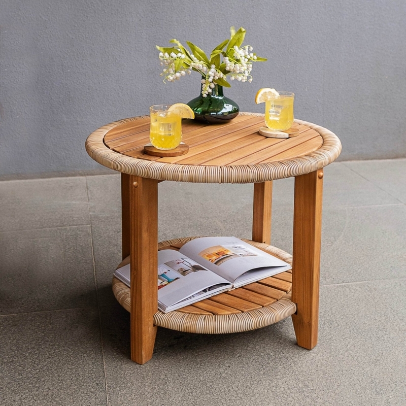 Outdoor Side Table Coastal Patio Round Woven Rim Two Tier
