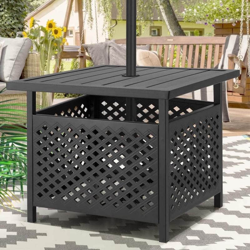 Outdoor Side Table Umbrella Hole Lattice Panels Slat Top Black Metal