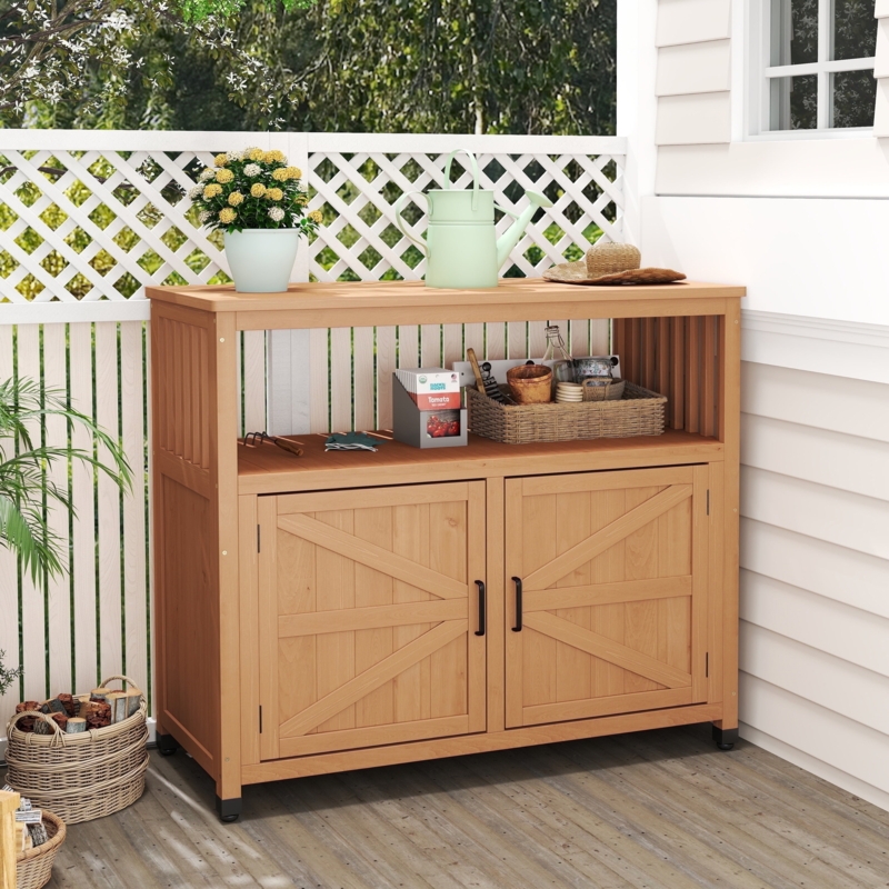 Outdoor Sideboard Honey Brown Wood X Brace Detailing Slatted Sides