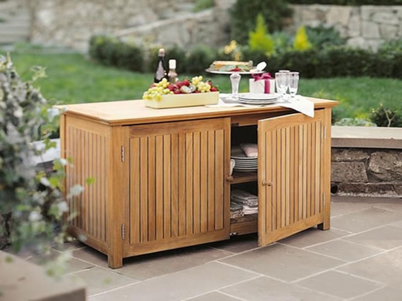 Outdoor Sideboard Wood Toned Vertical Slats Dual Storage Doors