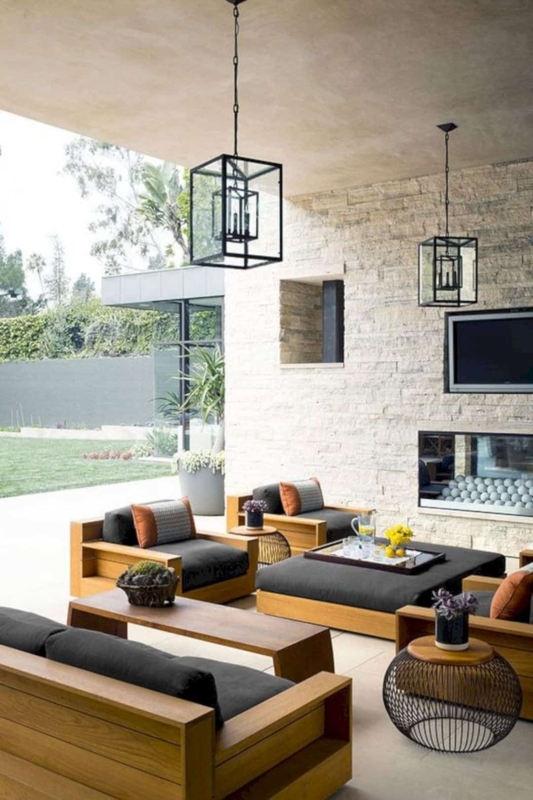Outdoor Sofa Set Block Frame Lantern Pendants Modern Organic Charcoal