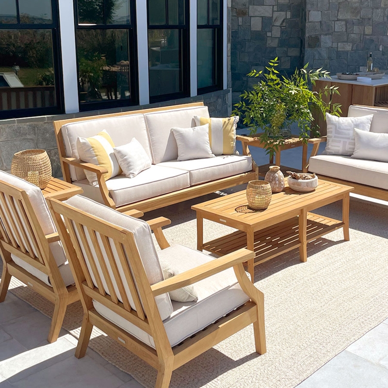 Outdoor Sofa Teak Wood Slatted Back Modern Coastal Off White Cushions