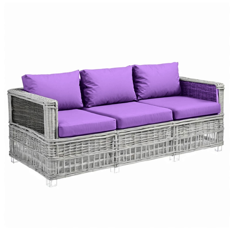 Outdoor Sofa Weathered Grey Rattan Vibrant Purple 3-Seater Clear Feet