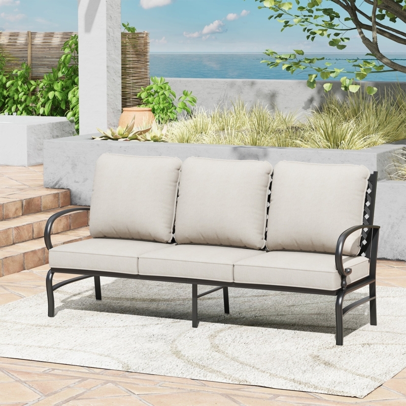 Outdoor Sofa with Black Frame, Lattice Side Panels and Center Support Leg