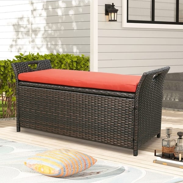 Outdoor Storage Bench, Espresso Wicker with Terracotta Cushion