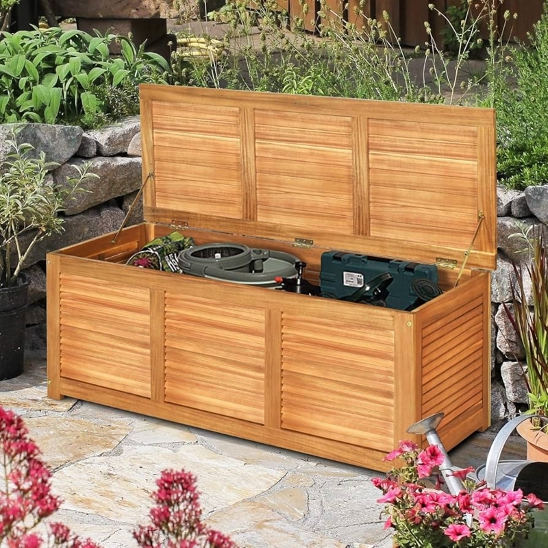 Outdoor Storage Bench: Louvered Front, Honey Wood Chest