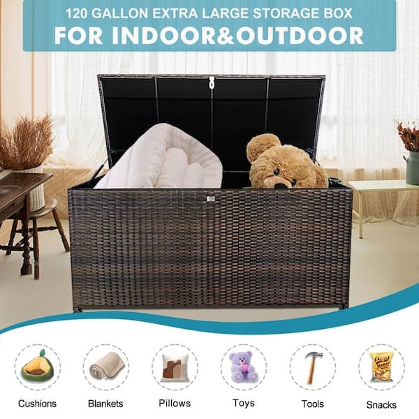 Outdoor Storage Box, Dark Espresso Resin Rattan Weave for Cushions
