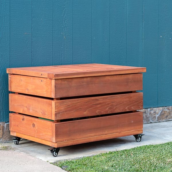 Outdoor Storage Box: Stained Wood Mobile Chest, Swivel Casters