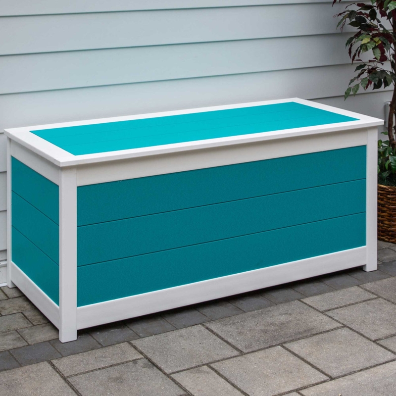 Outdoor Storage Box, Teal & White Contrast Coastal Poly Lumber Trunk