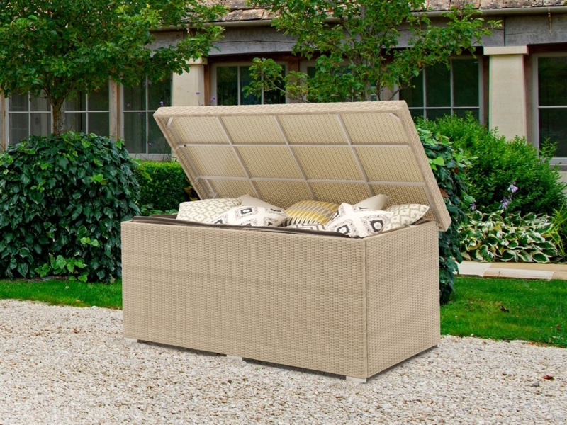 Outdoor Storage Chest, Sand Light Beige Woven Rattan with Block Feet