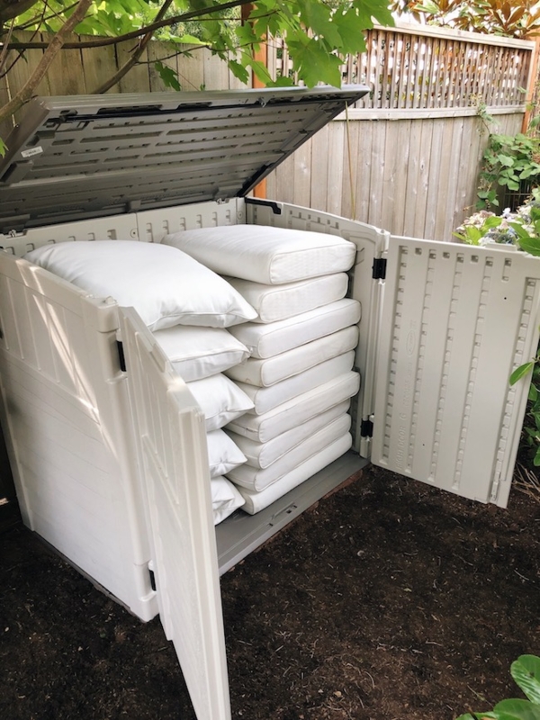 Outdoor Storage Shed, Off-White Resin Bin for Stacked Cushion Storage