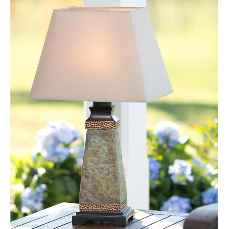 Outdoor Table Lamp, Weatherproof Slate Base and Hammered Copper