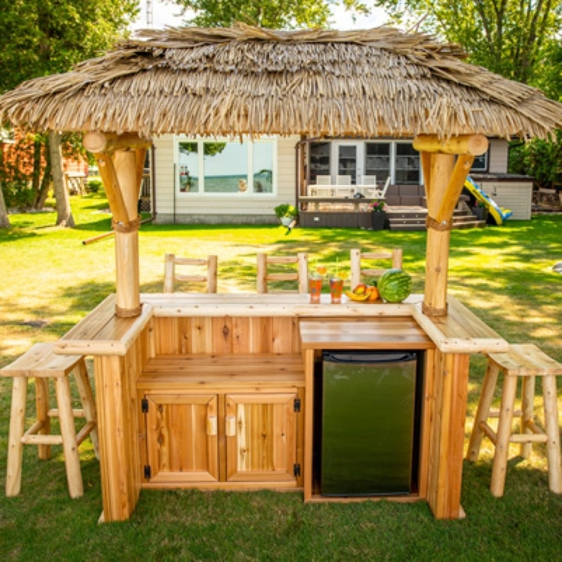 Outdoor Tiki Bar with Log Construction and Integrated Mini Fridge