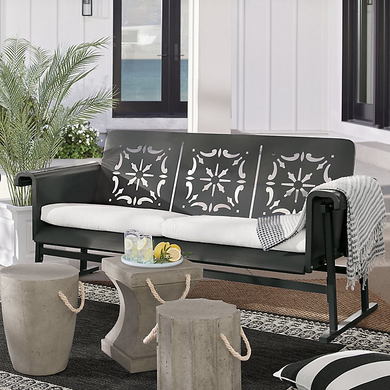 Outdoor Tile Cutout Bench Glider in Matte Black Metal with Retro Style