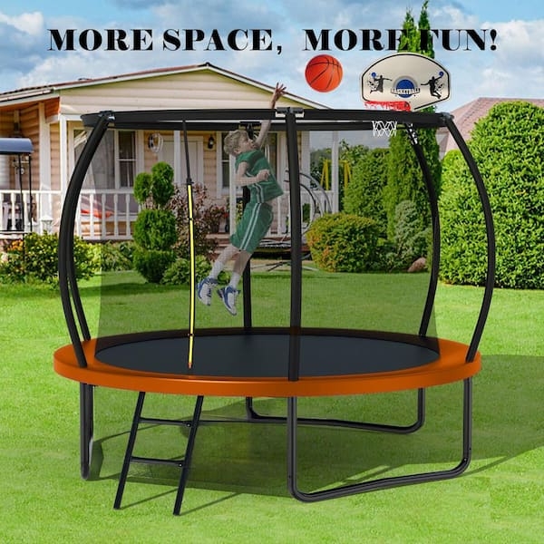 Outdoor Trampoline Vibrant Orange Safety Pad Basketball Hoop Curved Poles.