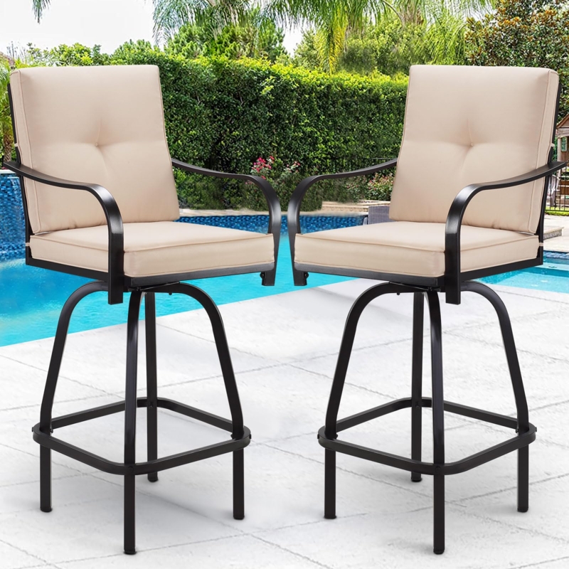 Outdoor Tufted Barstools Swivel Beige Cushion Metal